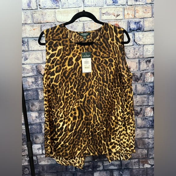 NWT Ralph Lauren Leopard Crepe Asymmetrical Back Sleeveless Top Sz Large - Picture 1 of 4